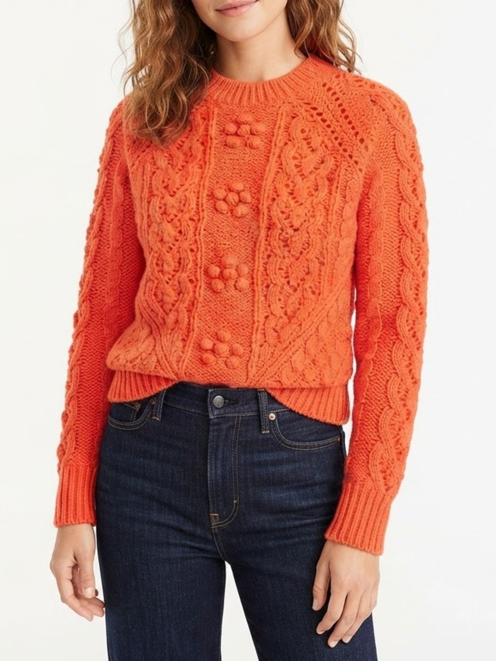 J.Crew Orange Cable Knit Mockneck Sweater Size XS Alpaca Wool Bobble Floral